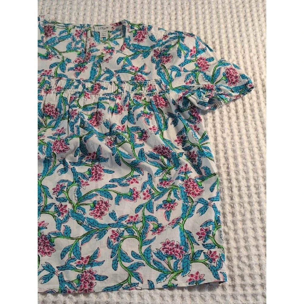 J. Crew 100% Cotton White Floral Puff-Sleeve Blouse Size PM